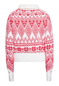 Pulover scurt în roșu și alb, cu un model geometric Fair Isle, cu manșete și guler cu nervuri, textură moale și motive în formă de diamant.