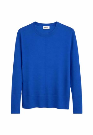 Langärmeliges, königsblaues Sweatshirt mit Rundhalsausschnitt sowie gerippten Bündchen an Ärmeln und Saum, mit dem Schriftzug "RODIER" auf der Innenseite des Kragens.