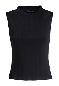 Czarny top bez rękawów o wysokim dekolcie, z prążkowaną fakturą i dopasowanym krojem. Bez widocznych elementów metalowych ani wzorów.