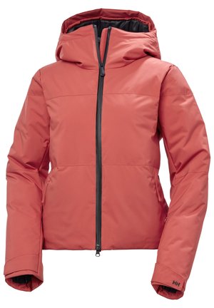Rode geïsoleerde jas met een capuchon, volledige rits aan de voorkant en zwarte accenten. Heeft een gladde buitenkant en elastische manchetten, geschikt voor koud weer.