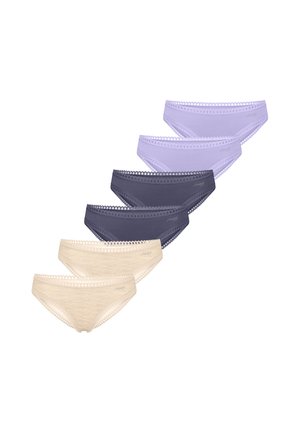 Six women’s lace-trimmed bikini underwear in beige, dark gray, and light purple, arranged in overlapping rows on white background.