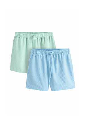 Zwei Paar leichte, gestreifte Baumwollshorts mit elastischem Bund und Kordeln, eines in Hellgrün und eines in Hellblau.