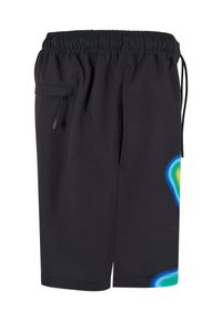 Svart shorts med elastisk linning, snor og lommer på siden. Har et fargerikt abstrakt mønster på den nedre siden. Mykt, lett materiale.