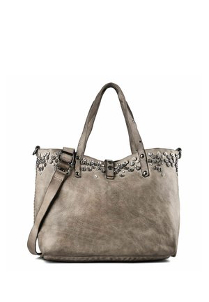 Graue Lederhandtasche mit zwei Henkeln, abnehmbarem Schulterriemen und dekorativen silbernen Nieten entlang des oberen Randes.
