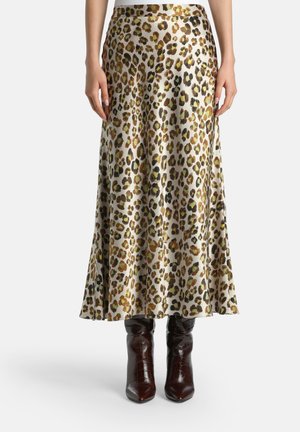Leopardprint lange rok van satijn, met warme bruine en zwarte vlekken op een crèmekleurige achtergrond, flared silhouet en een elastische tailleband.