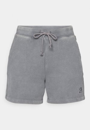 Gray ribbed shorts with an elastic waistband, drawstring closure, and logo detail on the lower left side. Soft texture and casual design.