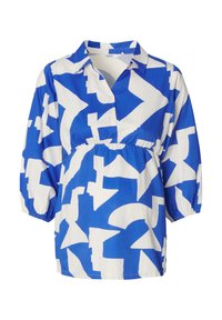 Blauwe en witte katoenen blouse met abstract geometrisch patroon, knoopsluiting bij de kraag, elastische taille en driekwart mouwen.