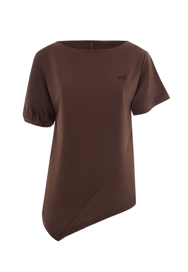 Haut marron à manches courtes avec un col rond, un ourlet asymétrique et des détails froncés aux manches. Fabriqué en tissu doux avec une texture lisse.