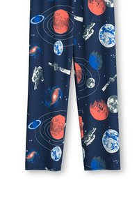 Marine stoffen met een ruimtethema print met planeten, sterren en astronauten in levendige kleuren zoals rood, blauw en wit. Leuke textuur.