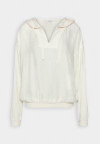 Hvid, let pullover hoodie med V-hals, snoretræk og elastisk kant. Har lange ærmer og en glat tekstur.