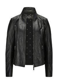 Schwarze Lederjacke mit strukturiertem Kragen, Reißverschluss vorne und langen Ärmeln. Hat eine glatte Textur und eine taillierte Silhouette.