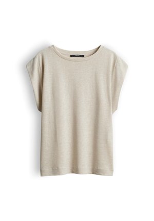 Beige short-sleeve knit top with round neckline, slightly loose fit, and subtle texture, displayed on white background.