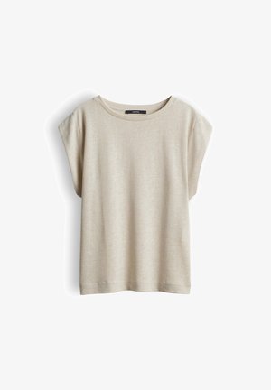 Beige short-sleeve knit top with round neckline, slightly loose fit, and subtle texture, displayed on white background.