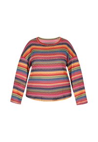 Mehrfarbiger Pullover mit geometrischen Mustern in Streifen. Rundhalsausschnitt, lange Ärmel und eine lockere Passform mit einer weichen, strukturierten Oberfläche.
