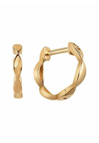 Złote kolczyki w kształcie dużych obręczy z skręconym wzorem, posiadające wypolerowaną powierzchnię, zaokrąglone krawędzie i bezpieczne zapięcie na zawias.