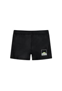 Shorts de bain noirs en tissu lisse et extensible. Présente un écusson rectangulaire blanc et vert à l'avant.