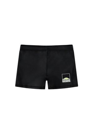 Sorte svømmeshorts laget av glatt, elastisk stoff. Har et rektangulært logopatch i hvitt og grønt på forsiden.