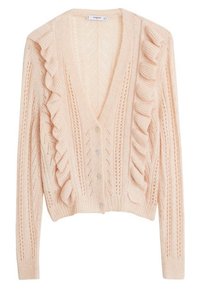 Cardigan tricoté rose clair avec un col en V, des volants à l'avant et des boutons. Le design comprend un motif ajouré et des poignets côtelés.