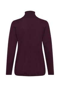 Ženska dolga burgundska pulover s turtleneck ovratnikom, prikazan s hrbtne strani, z rebrastim ovratnikom in oprijetimi manšetami.
