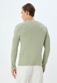 Lång�ärmad tröja i ljusgrön stickad tyg med strukturerade vertikala mönster, rund halsringning och figurnära design, sedd bakifrån.
