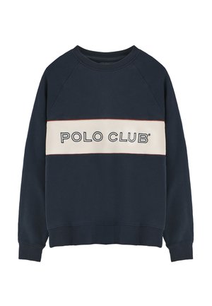 Sudadera de color azul marino con un panel horizontal en crema que presenta el texto "POLO CLUB". Puños y dobladillo de canalé, textura suave, diseño casual.
