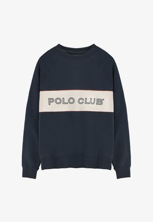 Felpa navy con un pannello orizzontale crema che presenta il testo "POLO CLUB". Polsini e orlo a coste, texture morbida, design casual.