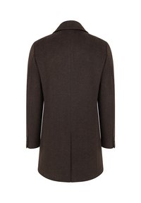 Brązowy wełniany płaszcz z wyłogami, długimi rękawami i prostym krojem. Tył zdobi pojedynczy rozcięcie oraz subtelne dopasowanie.