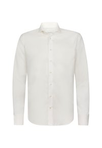 Camicia bianca a maniche lunghe. Realizzata in tessuto morbido con colletto a punta, polsini con un bottone e sette bottoni sul davanti.