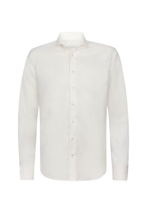 Camicia bianca a maniche lunghe. Realizzata in tessuto morbido con colletto a punta, polsini con un bottone e sette bottoni sul davanti.