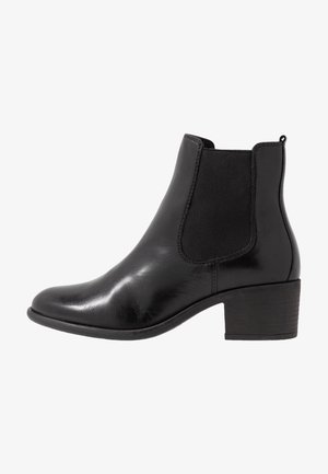 Black leather ankle boot with elastic side panels, a rounded toe, and a low block heel. Smooth texture with minimal stitching details.