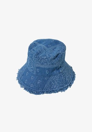 Denim bucket hat with frayed edge and light paisley print pattern throughout fabric, shown against a white background.