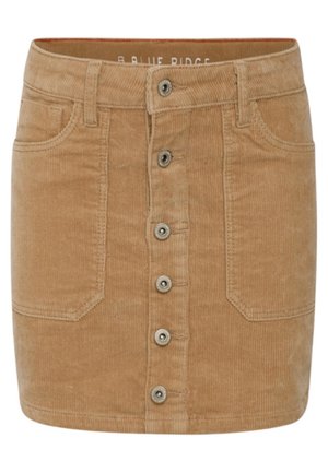 Jupe mini en velours côtelé couleur beige avec fermeture à boutons devant, deux grandes poches avant et passants de ceinture le long de la taille.