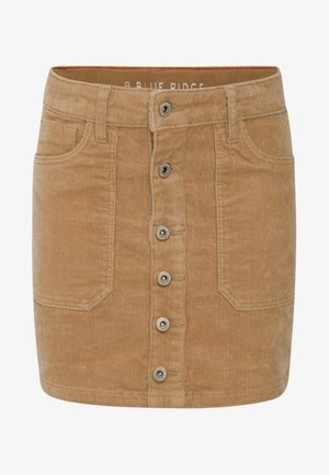 Jupe mini en velours côtelé couleur beige avec fermeture à boutons devant, deux grandes poches avant et passants de ceinture le long de la taille.