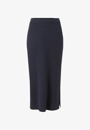 Strick-Midi-Rock in dunkelblau, mit einer figurbetonten Passform, gerippter Textur und einem seitlichen Schlitz für eine einfache Beweglichkeit.