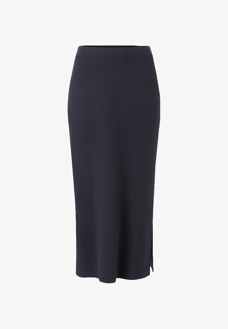 Strick-Midi-Rock in dunkelblau, mit einer figurbetonten Passform, gerippter Textur und einem seitlichen Schlitz für eine einfache Beweglichkeit.
