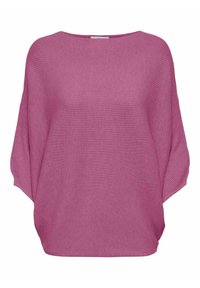 Maglione a maglia grossa, morbido e sfiancato di un vivace viola. Presenta un ampio scollo a barca e maniche larghe. Tessuto morbido con caduta casual.