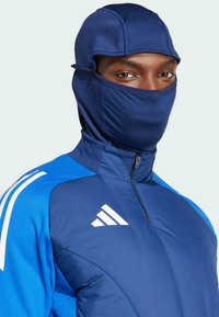 Blaues Sportjacke mit Kapuze. Verfügt über einen Reißverschlusskragen, elastische Akzente und ein weißes Streifenmuster. Der Stoff wirkt glatt und passend.