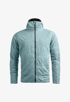 Light blue insulated jacket with a high collar, front zipper, and diagonal quilted pattern. Features black accents on zipper and cuffs.