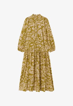 Longue robe vert olive avec motif floral rose clair, manches longues bouffantes et taille froncée.