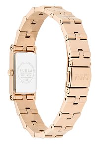 Orologio in acciaio inossidabile rose gold con cassa rettangolare, design a bracciale collegato e incisione del logo sulla chiusura. Resistente all'acqua fino a 3 ATM.