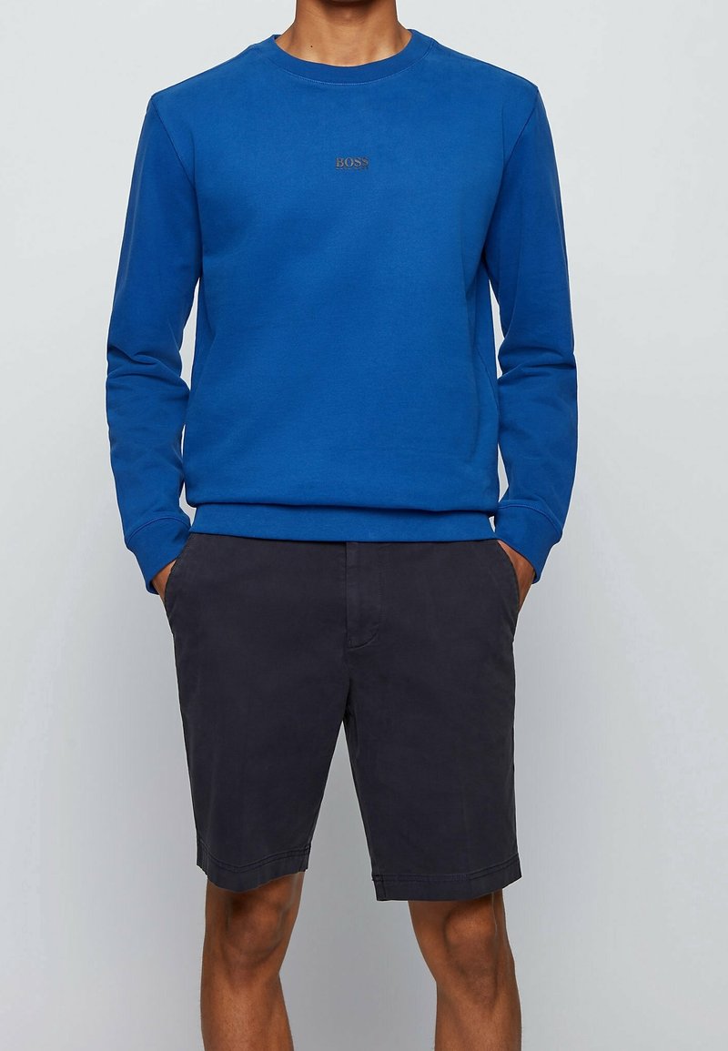 Blå sweatshirt med långa ärmar, rund halsringning och en liten logotyp på bröstet. Bärs med mörka shorts, vilket visar en avslappnad outfit.