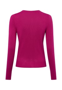 Fitted long-sleeve sweater in vibrant pink, crafted from ribbed knit fabric, featuring a classic round neckline and a snug hem.