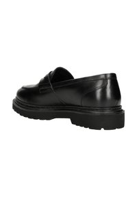 Schwarze Lederloafer mit glatter Oberfläche, runder Zehenpartie und strukturiertem Gummisohle. Merkmale sind gestickte Akzente und ein flaches Design.