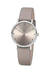 Montre ronde en argent avec un cadran gris métallique, des chiffres minimalistes et un bracelet en cuir gris lisse. Fini brossé.