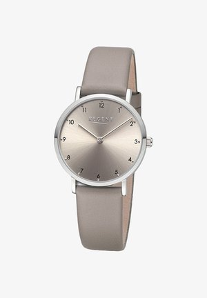 Montre ronde en argent avec un cadran gris métallique, des chiffres minimalistes et un bracelet en cuir gris lisse. Fini brossé.