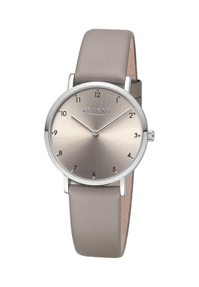 Montre ronde en argent avec un cadran gris métallique, des chiffres minimalistes et un bracelet en cuir gris lisse. Fini brossé.