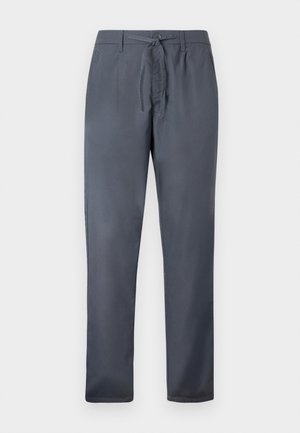 Graue Hose aus glattem Stoff, mit einem Kordelzugverschluss und Seitentaschen. Gerades Bein Design mit sauberer Verarbeitung.
