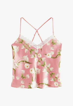 Rosa Blumen-Cami mit gewelltem Spitzenbesatz und überkreuzten Trägern. Das Material hat eine glatte Textur mit weißen und grünen Blumenmustern.