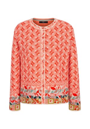 Red patterned cardigan with button front, featuring various geometric designs. Soft knit material, contrasting hem with multi-color accents.
