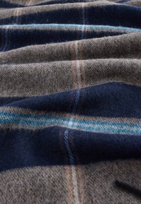 Vlněná deka s károvaným vzorem v odstínech hnědé, námořnické modři a světle modré. Měkká textura s viditelnými záhyby a hloubkou.